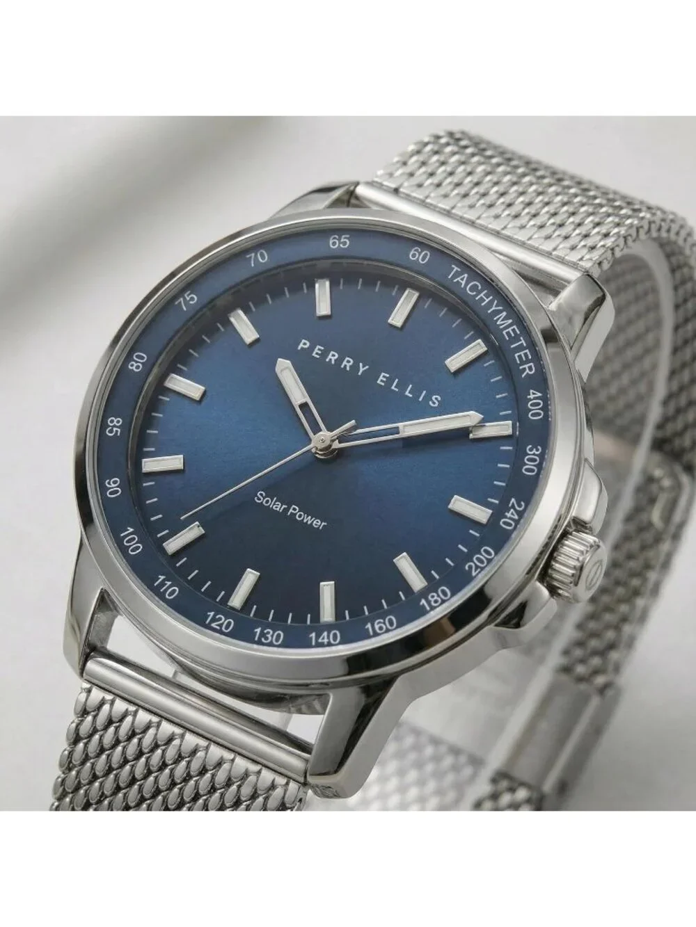 Mens Silver Blue Steel Mesh Band Aluminum Tachymeter Bezel Water-Resistant Watch